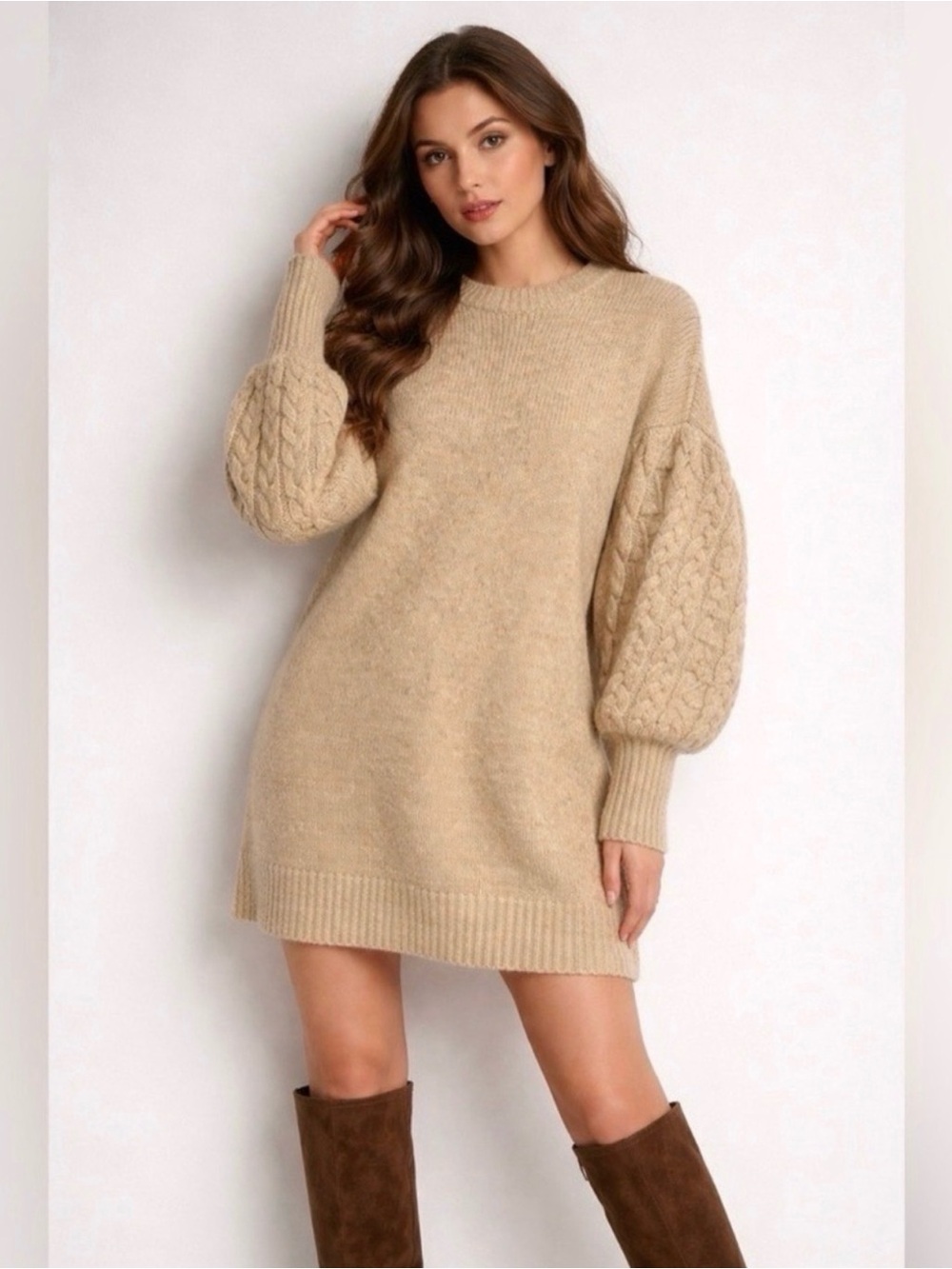 Women’s A New Day Cable Knit Sweater Dress Soft Cozy Chic Neutral tan brown XS